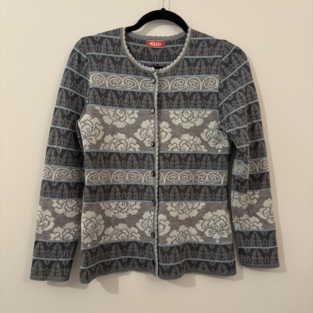 Oleana Norway Merino Wool Silk Cardigan Sweater Floral Stripe Gray Size S Luxury